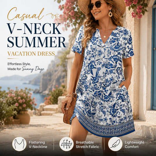 2026！！！ Women's Summer Dress: Casual Summer V-Neck Wedding Guest Dress, Short-Sleeve, Fashionable Beach Vacation Wear👗✨