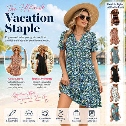 2026！！！ Women's Summer Dress: Casual Summer V-Neck Wedding Guest Dress, Short-Sleeve, Fashionable Beach Vacation Wear👗✨
