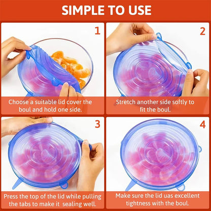 6Pcs Reusable Silicone Stretch Lids for fit bowls, cups, fruits & more.