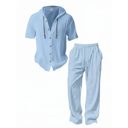 Men’s lightweight two-piece set with a hood, casual vacation style, loose and breathable thin fabric, hooded sweatshirt and wide-leg pants, for summer wear
