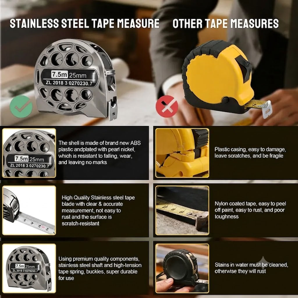 Metal Gauge Tape Measure - 25ft/7.5m Stainless Steel Retractable Ruler with Fraction Markings, Portable Work Tool for Household Woodworking, Tools and Gadgets, Father Gifts