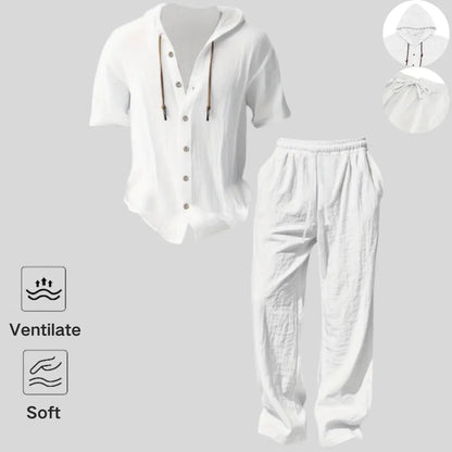 Men’s lightweight two-piece set with a hood, casual vacation style, loose and breathable thin fabric, hooded sweatshirt and wide-leg pants, for summer wear