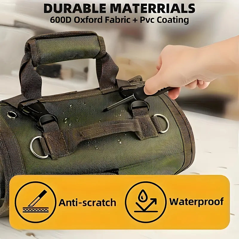 Roll Up Tool Bag with Detachable Tool Pouches Heavy Duty Organizer for Mechanics Electricians Plumbers and Carpenters Foldable Versatile Canvas Garden Tool Bag Backpack Durable, Convenient Tool Pockets, Tool Storage Kit