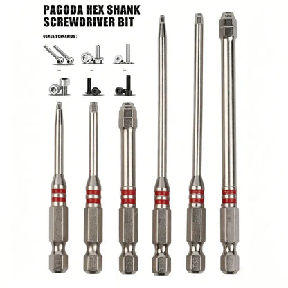 6-Piece Screwdriver Bit Set: Featuring magnetic hexagonal shanks and a unique pagoda-shaped internal hex design, a single bit can tighten nuts ranging from 1.5mm to 6mm