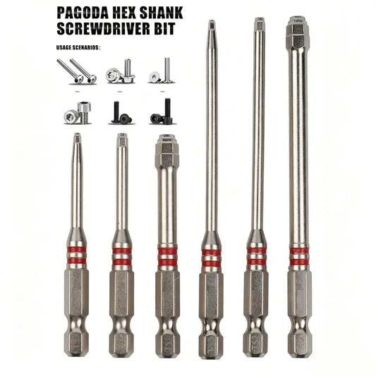 6-Piece Screwdriver Bit Set: Featuring magnetic hexagonal shanks and a unique pagoda-shaped internal hex design, a single bit can tighten nuts ranging from 1.5mm to 6mm