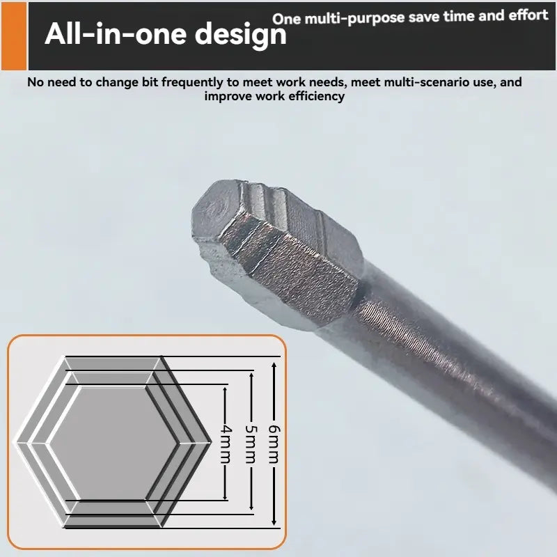 6-Piece Screwdriver Bit Set: Featuring magnetic hexagonal shanks and a unique pagoda-shaped internal hex design, a single bit can tighten nuts ranging from 1.5mm to 6mm