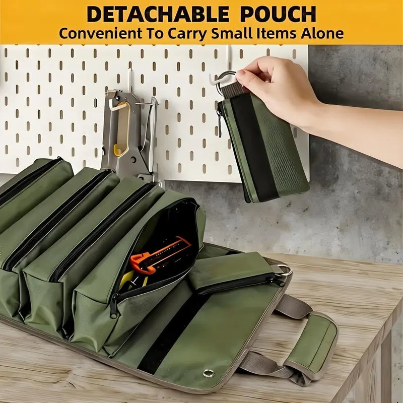 Roll Up Tool Bag with Detachable Tool Pouches Heavy Duty Organizer for Mechanics Electricians Plumbers and Carpenters Foldable Versatile Canvas Garden Tool Bag Backpack Durable, Convenient Tool Pockets, Tool Storage Kit